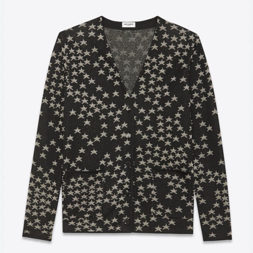 YSL Saint Laurent Oversized V-Neck Cardigan BLACK AND SILVER STAR JACQUARD $1490